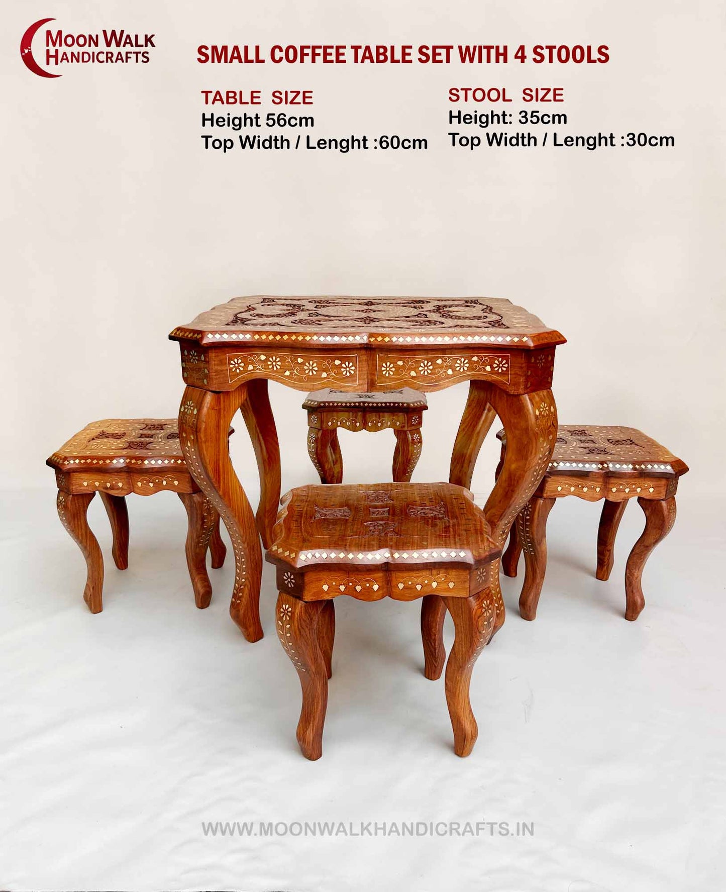 24" Kleines Couchtisch-Set aus Holz mit 4 Hockern, handgefertigte dekorative Einlage, traditioneller indischer Stil, elegantes Wohnzimmer & Wohndekor-Akzent