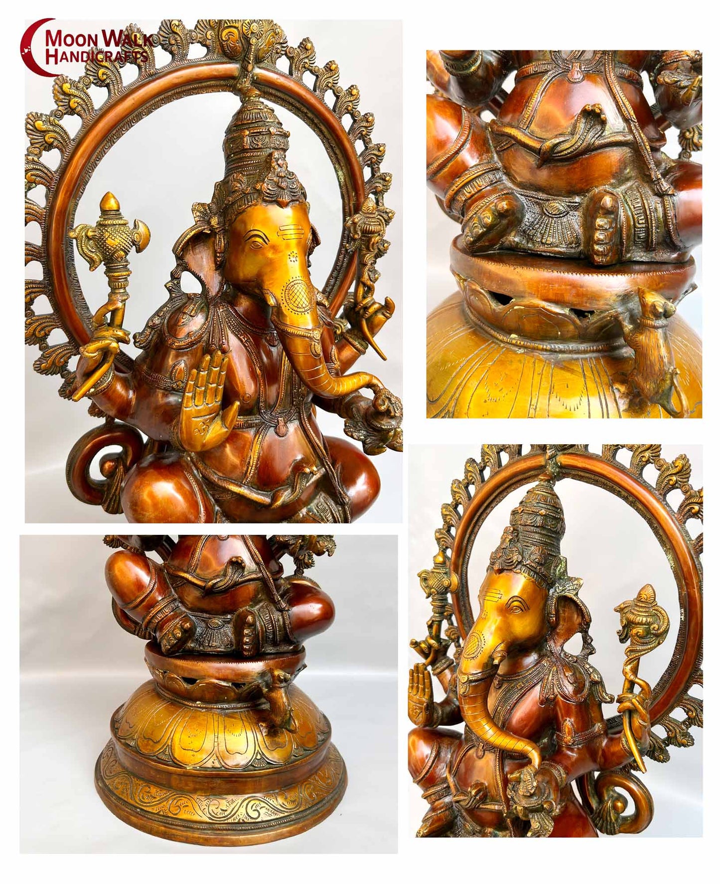 Majestätische Ganapati-Statue aus Messing mit Bogen-Hindu-Dekor. Altes antikes Messing, Statue aus den 90er Jahren aus Indien, Code „ARP1274“