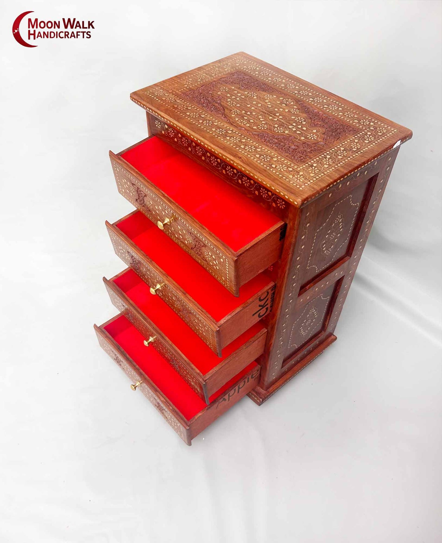 Cabinet 4 Drawer, Antique-style wooden dresser with intricate brass inlay, handcrafted storage unit, solid wood chest of drawers for bedroom