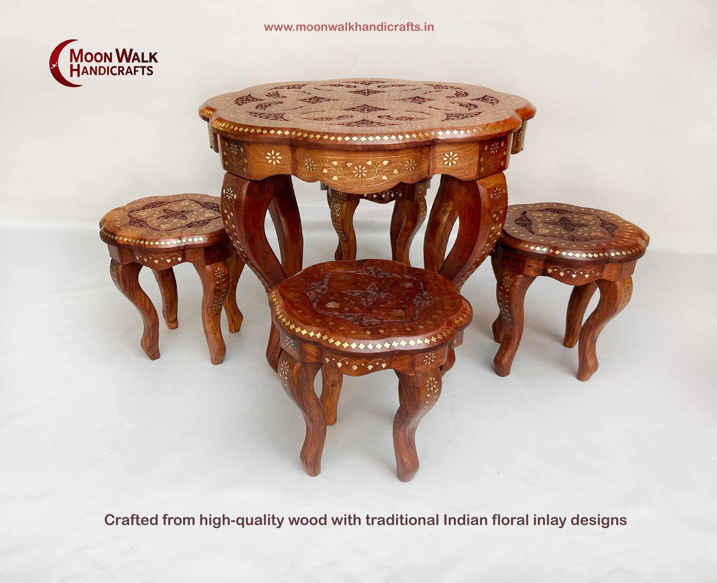 24" Rundes Tischset, handgefertigtes kleines Couchtischset aus Holz mit 4 Hockern, traditionelle indische Intarsienarbeit, dekorative geschnitzte Möbel