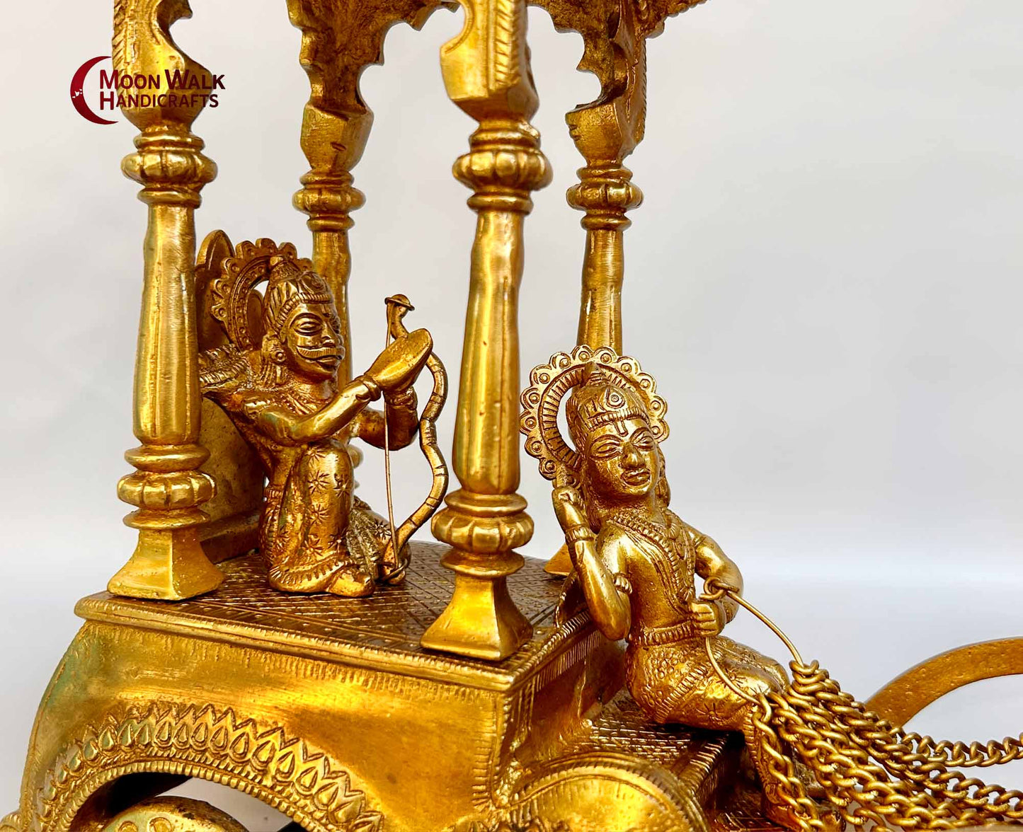Majestic Mahabharat Chariot Solid Brass Sculpture: Krishna, Arjun, and Hanuman with Golden Horses - A Divine Representation of Indian Mythology, Epitomizing Victory, Prosperity, and Spiritual Growth