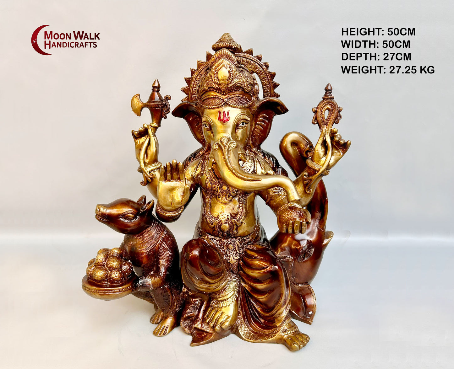 Ganpati-Statue aus goldenem Messing – Mushak und Elefantenrüssel. Code ARP131, Indien, Moonwalk Handicrafts