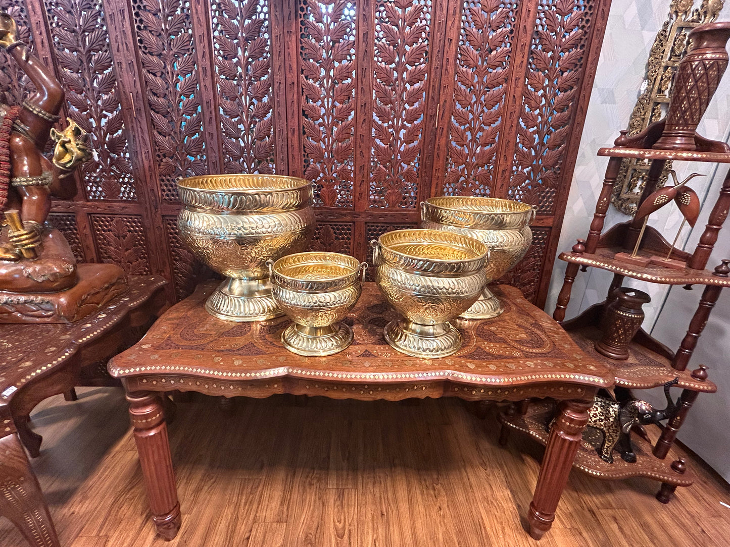 SET OF 4 | Antique Brass Urn Planters | Ornate Hand Engraved Brass Pots | Large Indoor Outdoor Planters | Vintage Home Decor | Handmade Brass Flower Pots