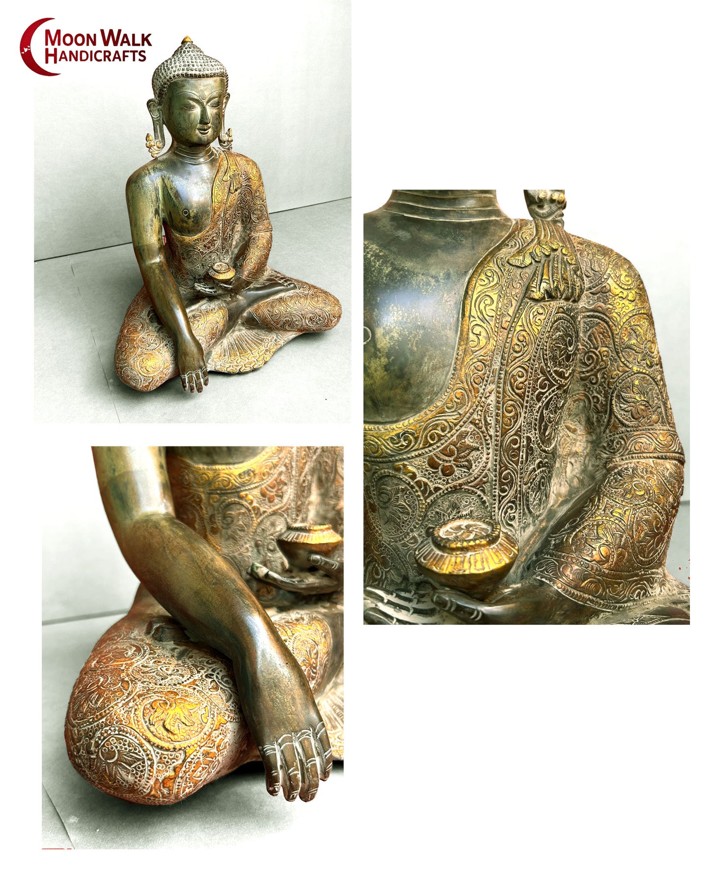 Medizinbuddha, antikes altes Stück mit vielen Schnitzereien, Nepali, meditierende Buddha-Statue von Drezel, Code ROH167