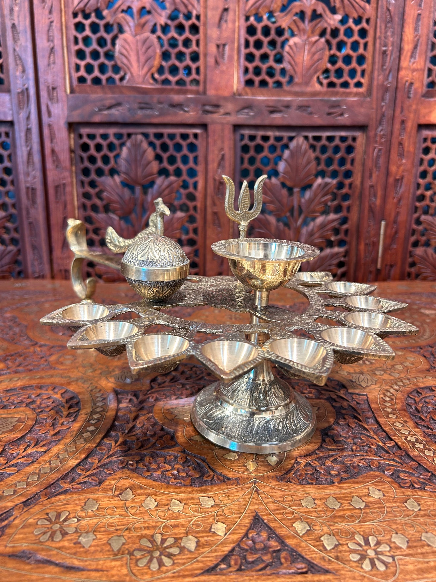 Handcrafted Peacock Brass Aarti Diya | 12 Oil Lamps | Puja Incense Holder | Gold Finish | Divine Temple Décor | Premium Brass