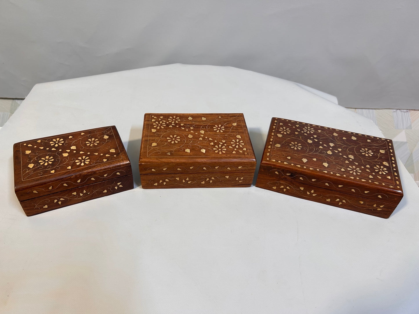 set of 3 Wooden Jewelry Box with Brass Inlay & Floral Carving, Indian Keepsake Trinket Storage Box, Vintage Decorative Organizer