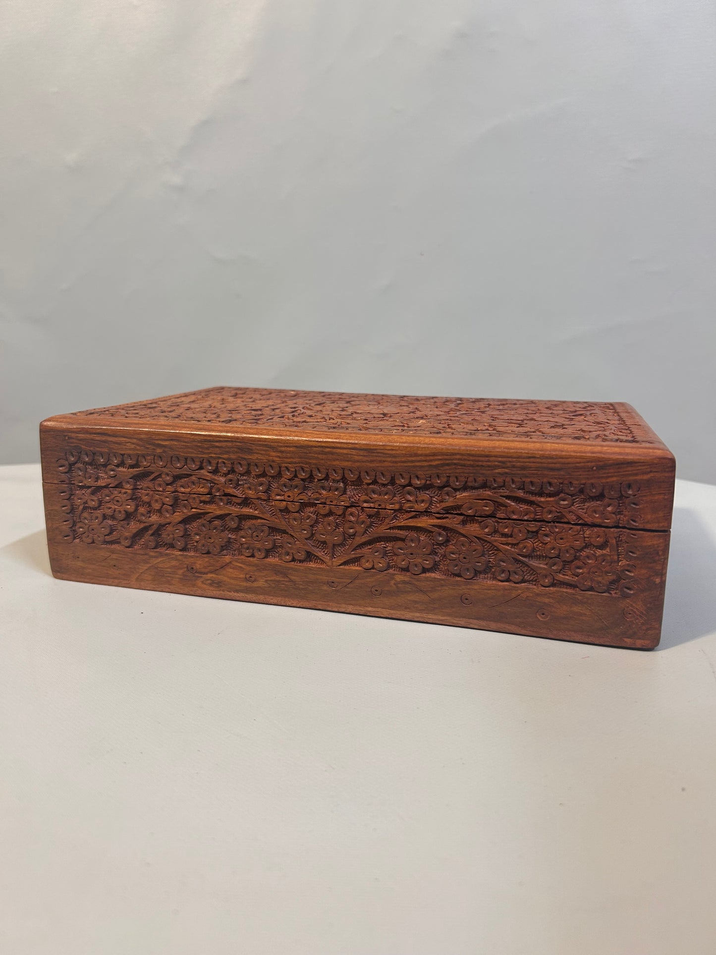 Handcrafted Wooden Jewelry Box with Floral Carving, Indian Keepsake Box for Trinkets & Accessories, Antique Storage Organizer Gift Box