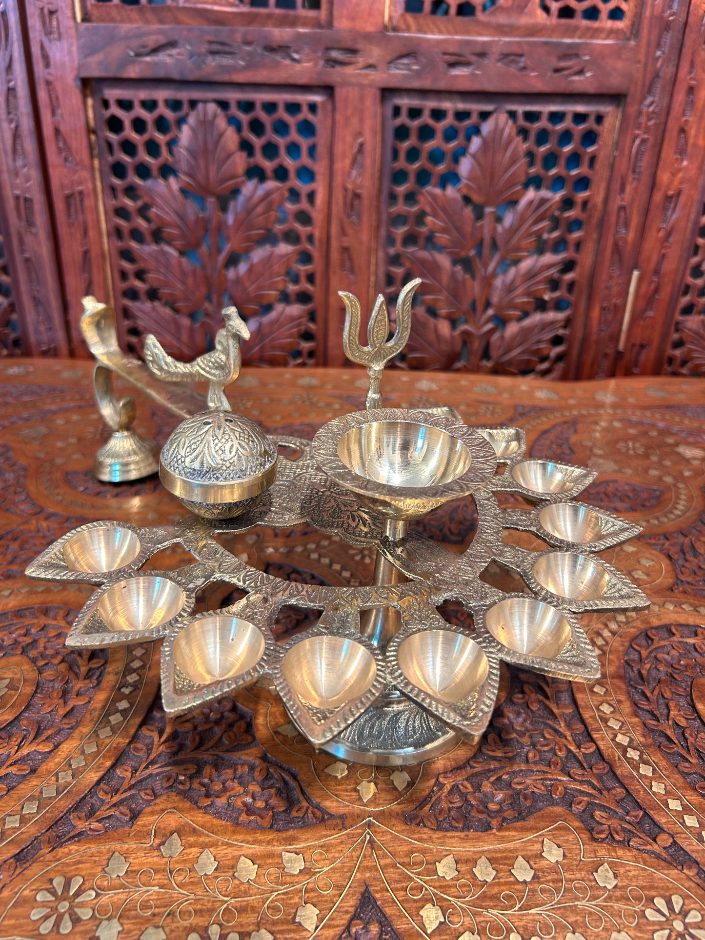 Handcrafted Peacock Brass Aarti Diya | 12 Oil Lamps | Puja Incense Holder | Gold Finish | Divine Temple Décor | Premium Brass