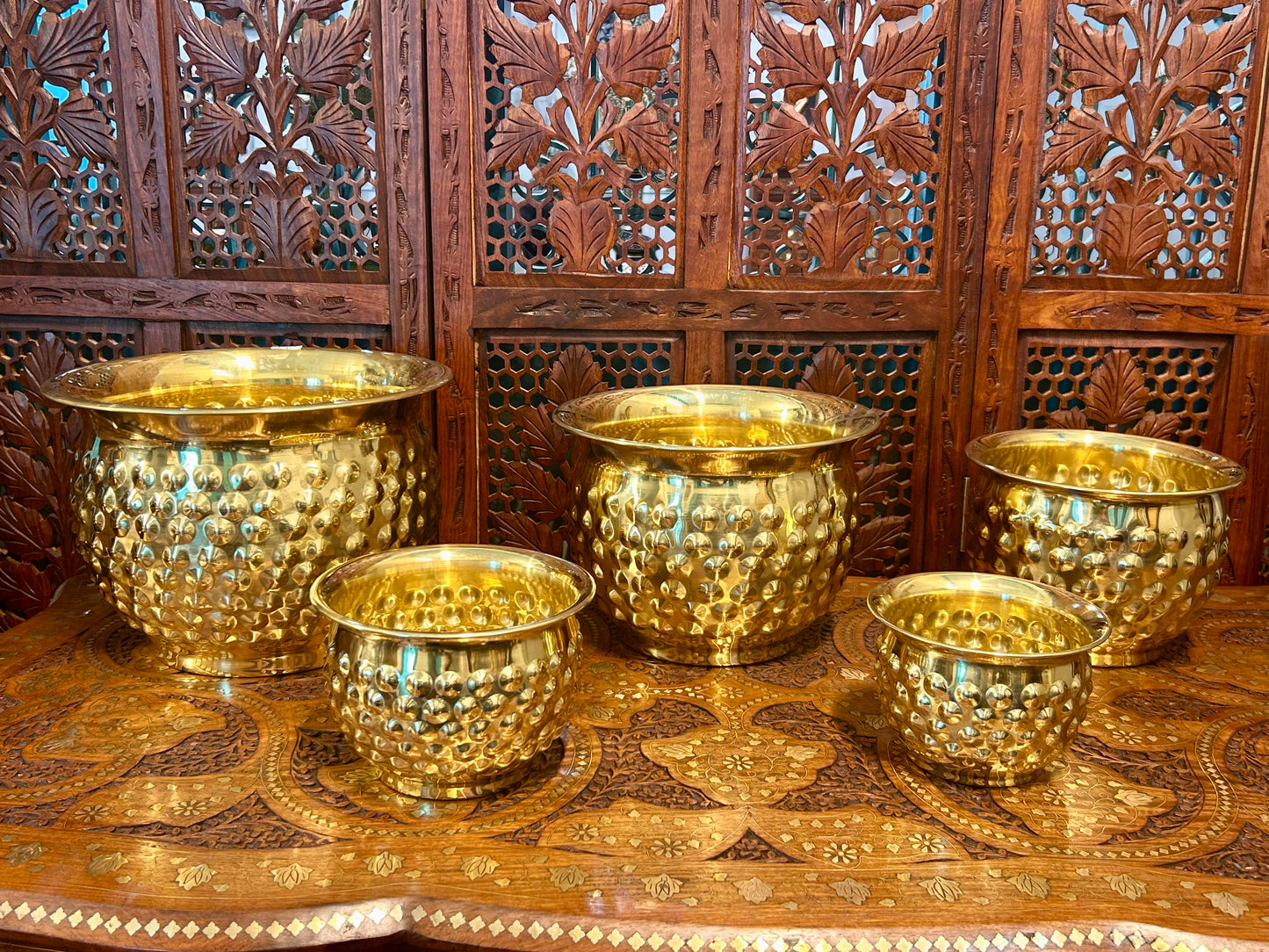 SET OF 5 | Large Brass Planter Pot, Antique Gold Home Decor, Textured Indoor Plant Pot, Elegant Garden Urn, Decorative Bowl, Handcrafted Metal Vase