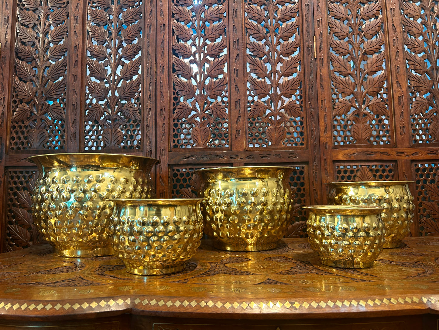 SET OF 5 | Large Brass Planter Pot, Antique Gold Home Decor, Textured Indoor Plant Pot, Elegant Garden Urn, Decorative Bowl, Handcrafted Metal Vase