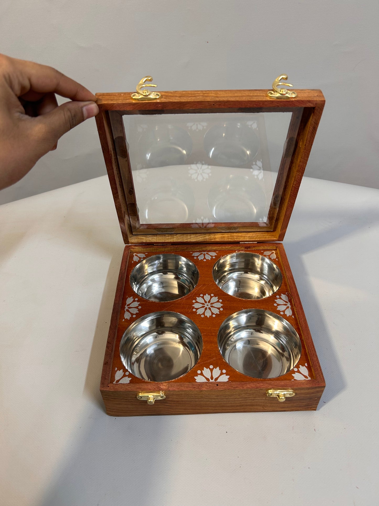 Handcrafted Wooden Dry Fruits Box with Brass Inlay, Glass Lid & 4 Steel Compartments, Decorative Storage Box for Nuts, Sweets Spices