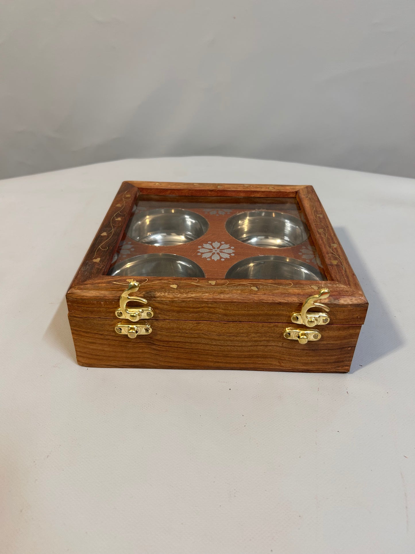 Handcrafted Wooden Dry Fruits Box with Brass Inlay, Glass Lid & 4 Steel Compartments, Decorative Storage Box for Nuts, Sweets Spices