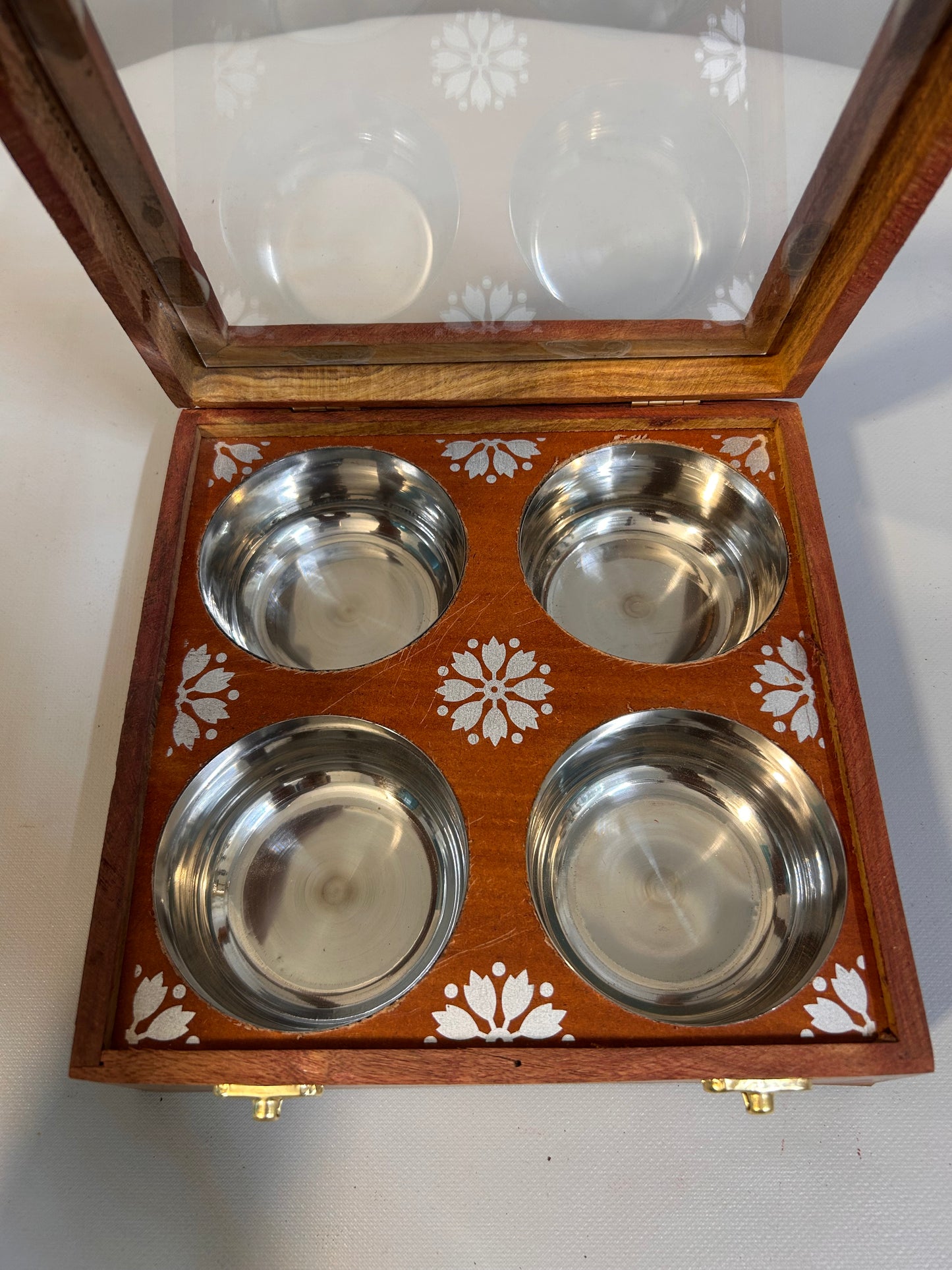 Handcrafted Wooden Dry Fruits Box with Brass Inlay, Glass Lid & 4 Steel Compartments, Decorative Storage Box for Nuts, Sweets Spices