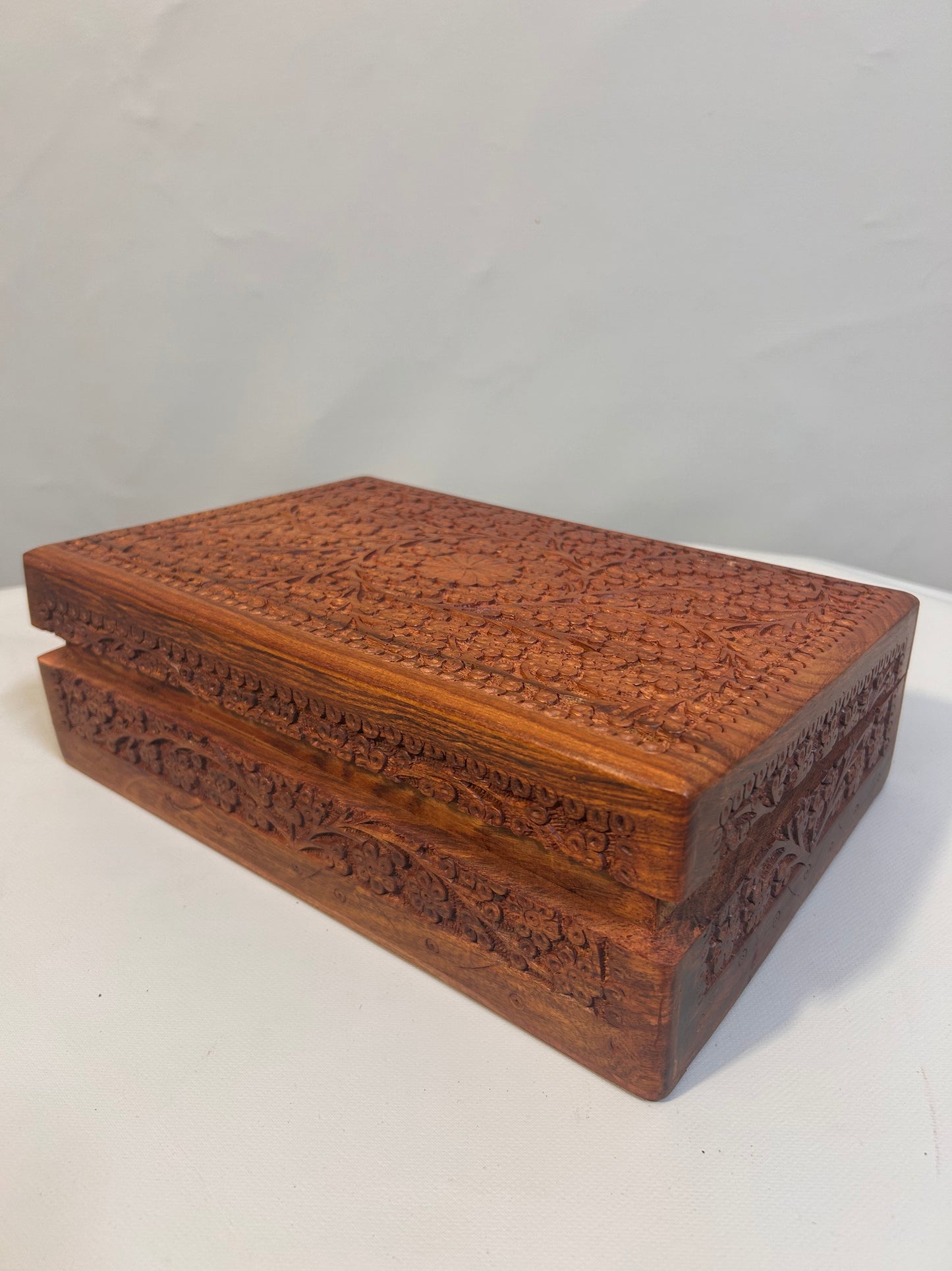 Handcrafted Wooden Jewelry Box with Floral Carving, Indian Keepsake Box for Trinkets & Accessories, Antique Storage Organizer Gift Box