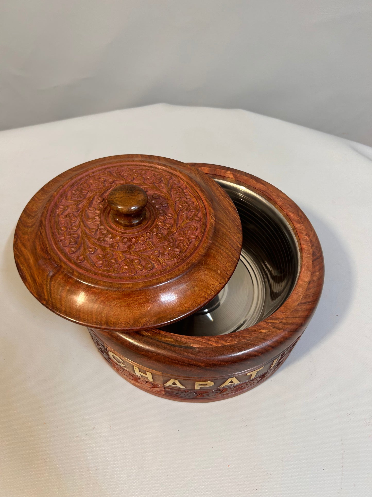 Handmade Wooden Chapati Box with Lid, 14cm x 23cm Roti Storage Container, Engraved Bread Box, Round Kitchen Organizer, Indian Kitchen Gift