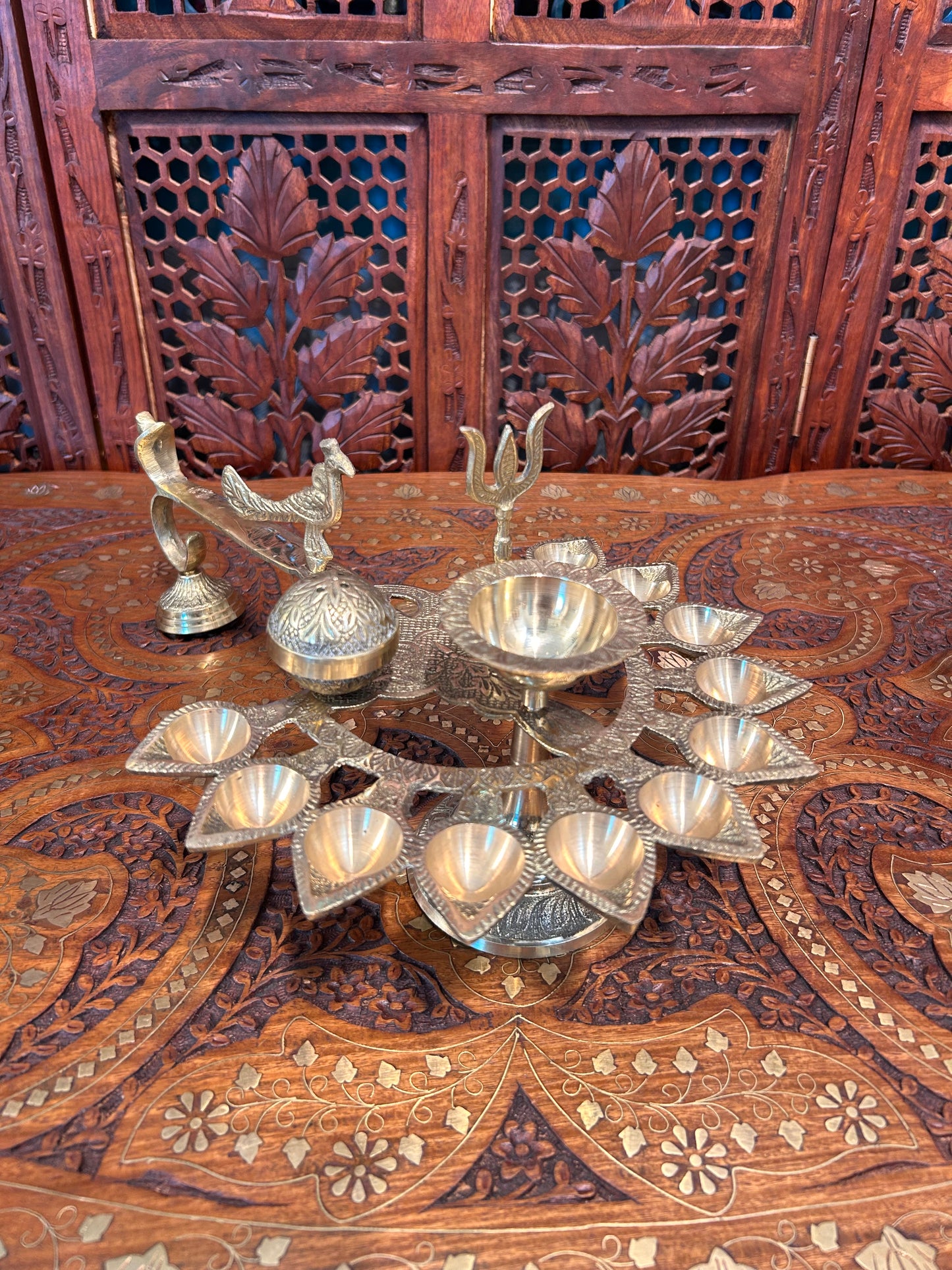 Handcrafted Peacock Brass Aarti Diya | 12 Oil Lamps | Puja Incense Holder | Gold Finish | Divine Temple Décor | Premium Brass