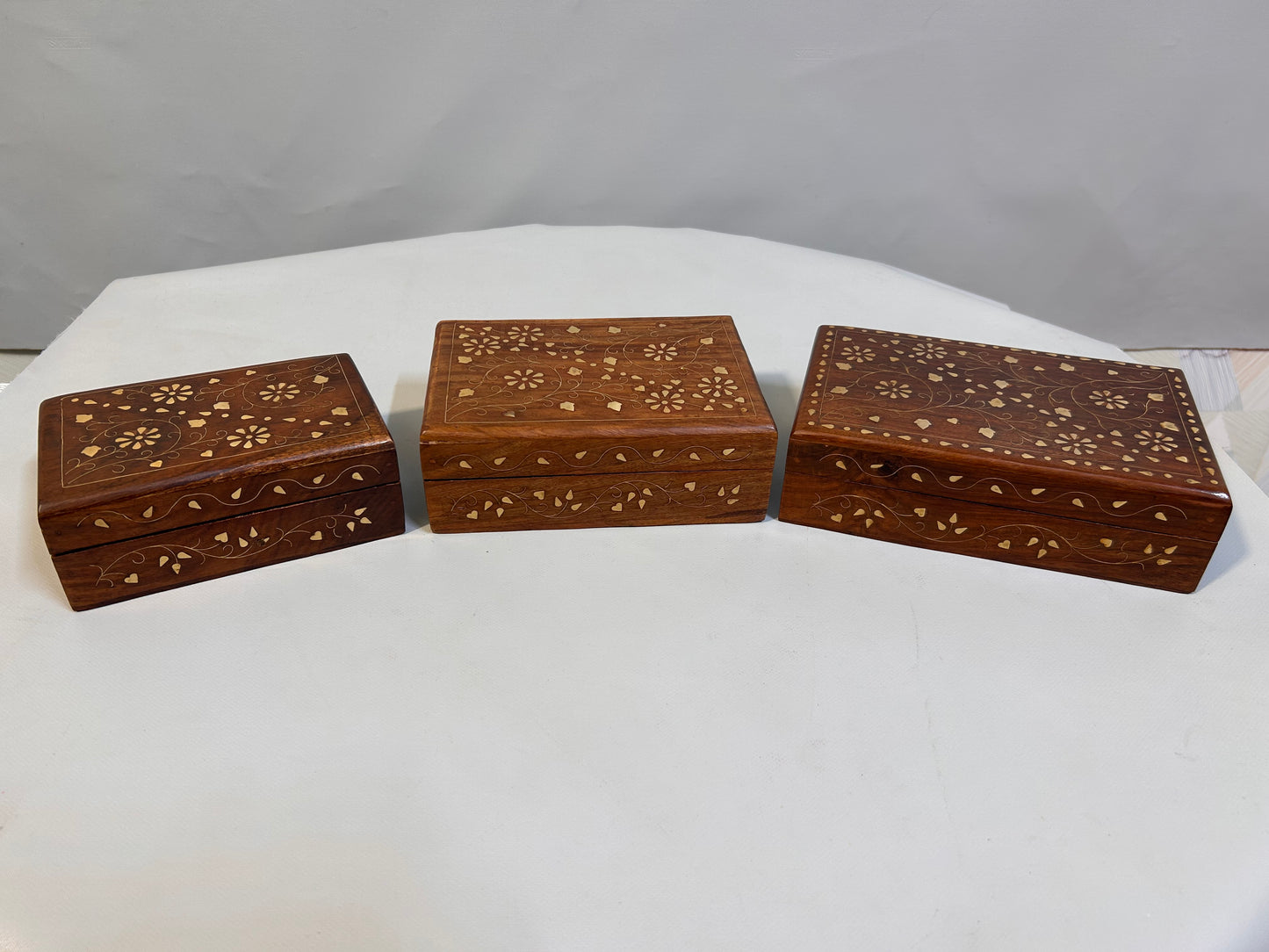 set of 3 Wooden Jewelry Box with Brass Inlay & Floral Carving, Indian Keepsake Trinket Storage Box, Vintage Decorative Organizer