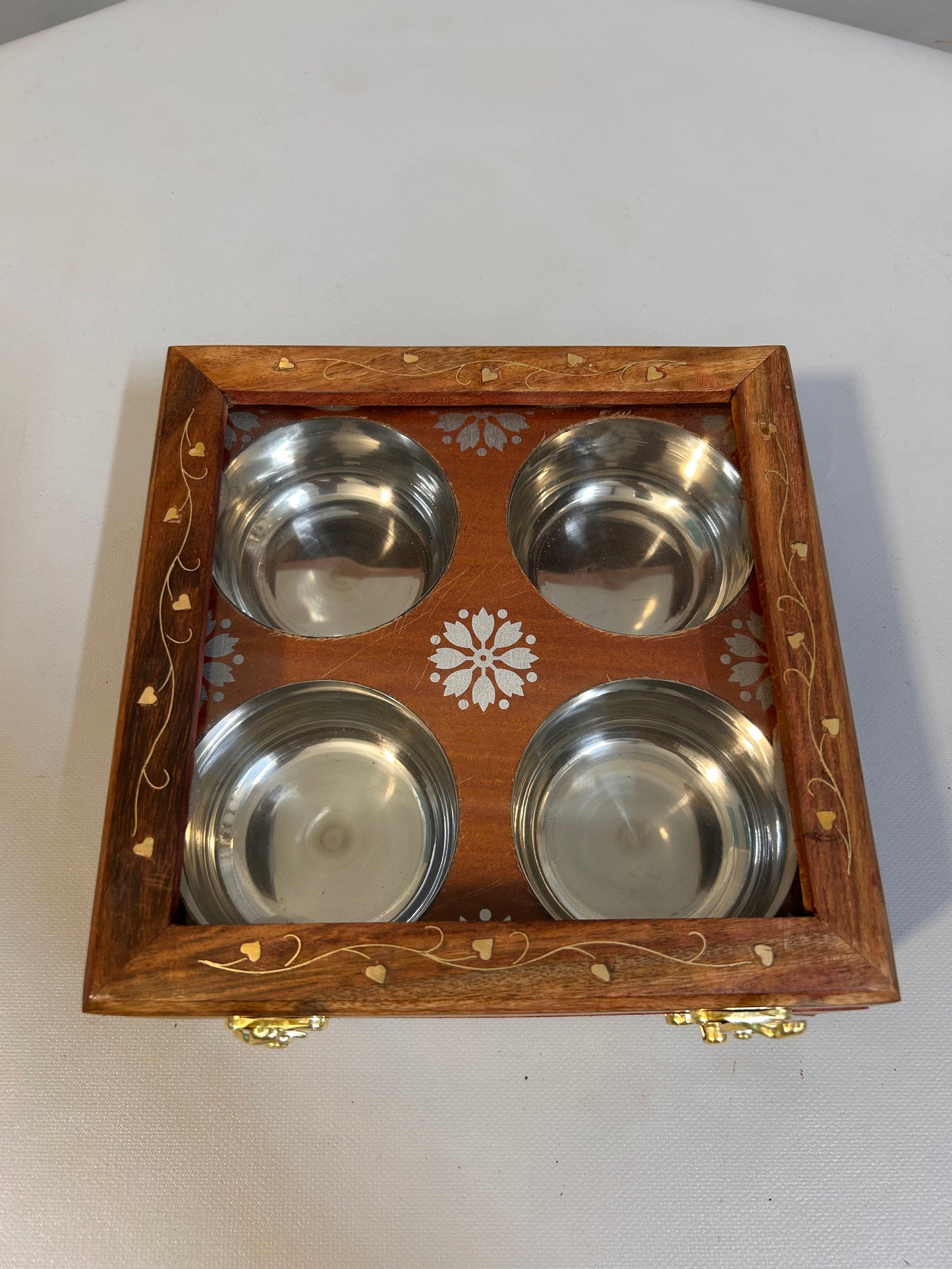 Handcrafted Wooden Dry Fruits Box with Brass Inlay, Glass Lid & 4 Steel Compartments, Decorative Storage Box for Nuts, Sweets Spices