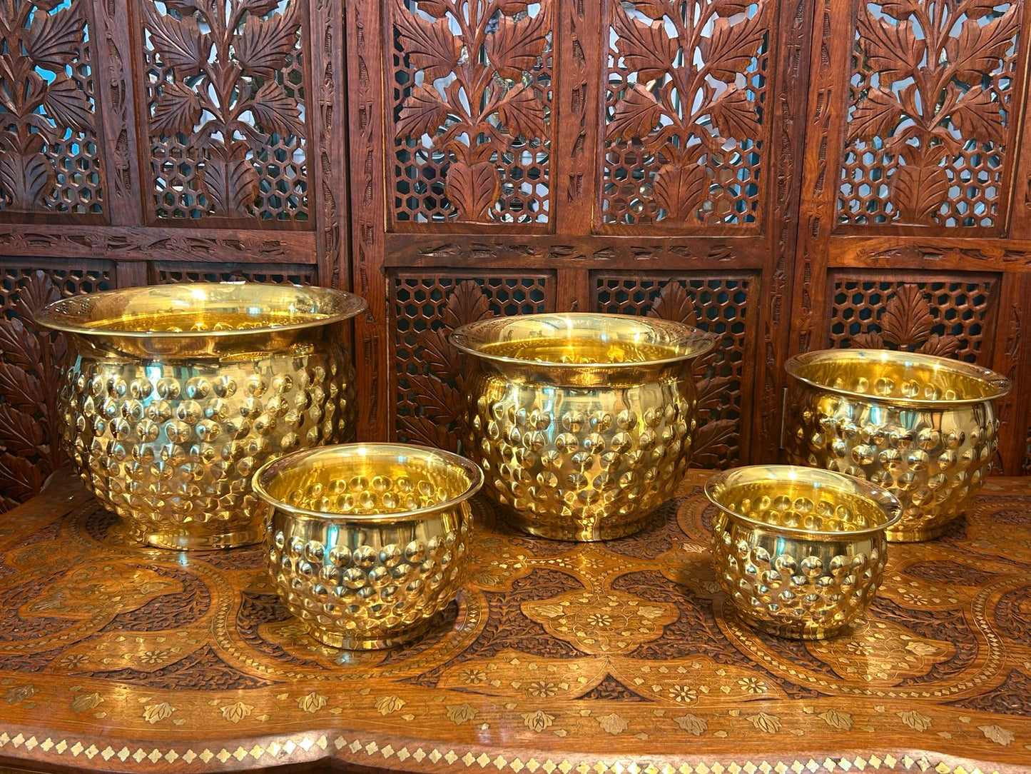 SET OF 5 | Large Brass Planter Pot, Antique Gold Home Decor, Textured Indoor Plant Pot, Elegant Garden Urn, Decorative Bowl, Handcrafted Metal Vase
