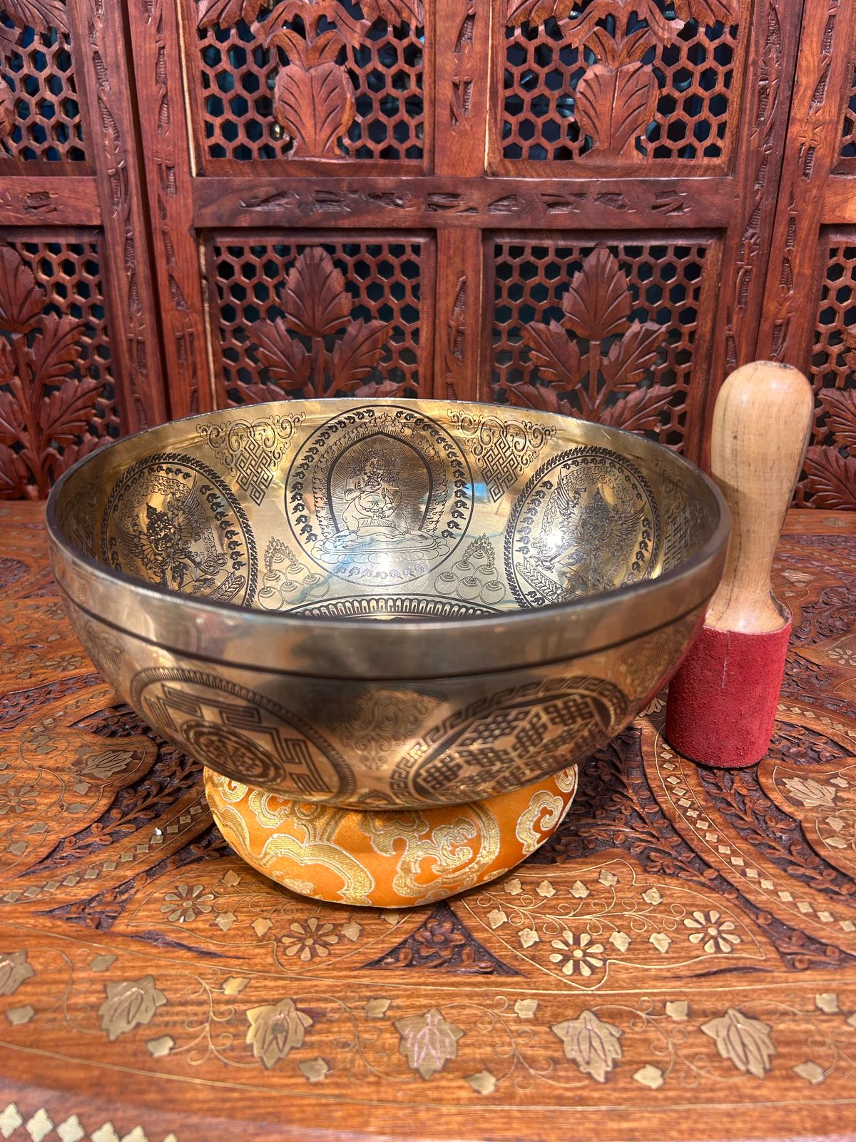 SH02 | Tibetan Brass Singing Bowl 27cm for Meditation & Healing, Handcrafted Sound Therapy Bowl, Engraved Mantra Bowl with Wooden Striker & Cushion