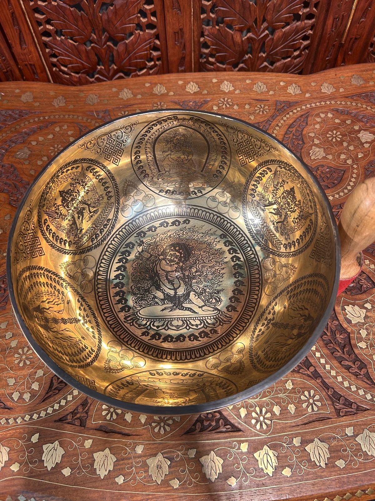 SH02 | Tibetan Brass Singing Bowl 27cm for Meditation & Healing, Handcrafted Sound Therapy Bowl, Engraved Mantra Bowl with Wooden Striker & Cushion