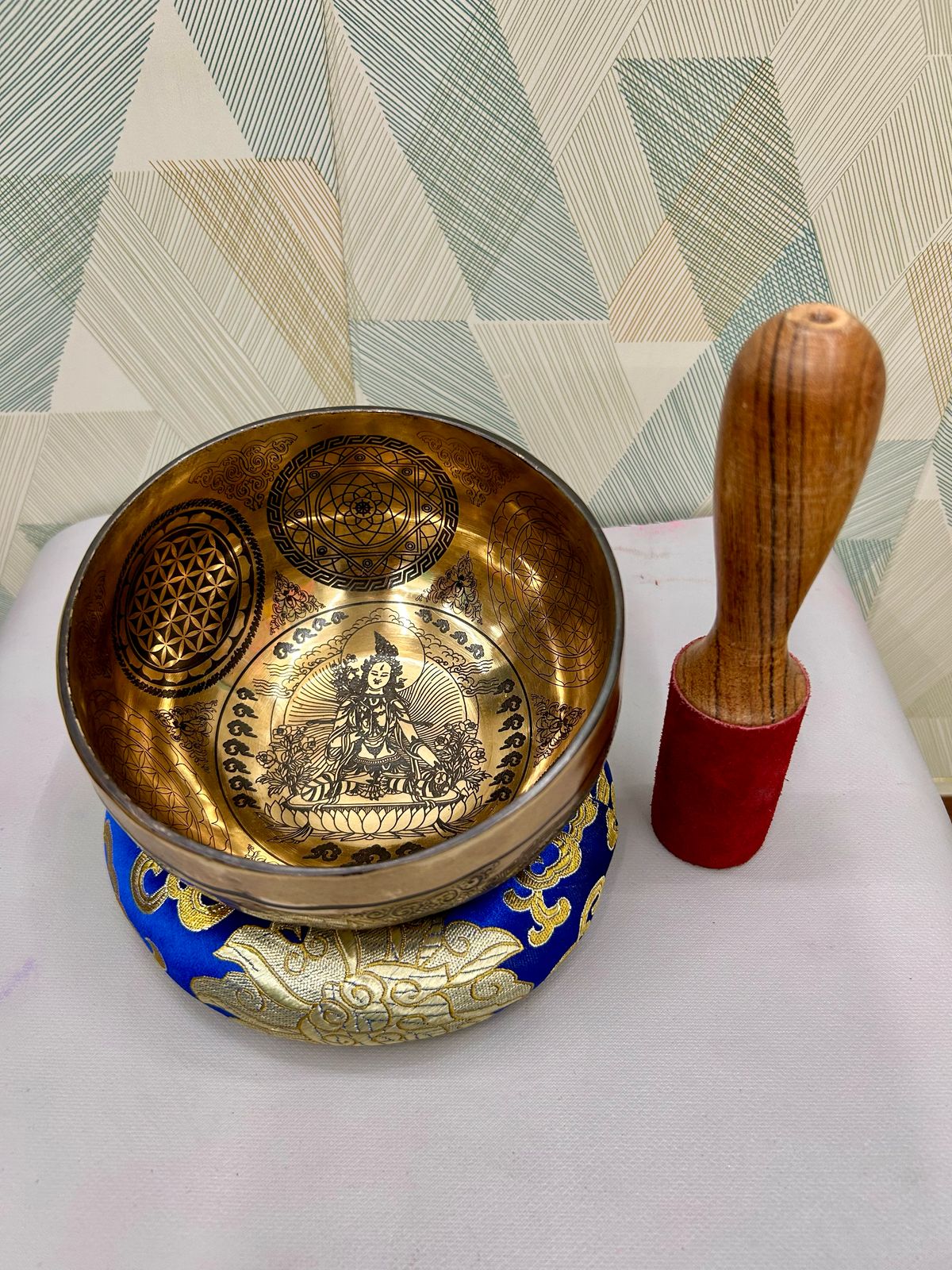 SH23 Handmade Tibetan Singing Bowl - 8cm Tall, 15cm Wide - Asthdhatu Metal - Engraved Meditation Bowl with Mallet & Cushion - 0.650kg