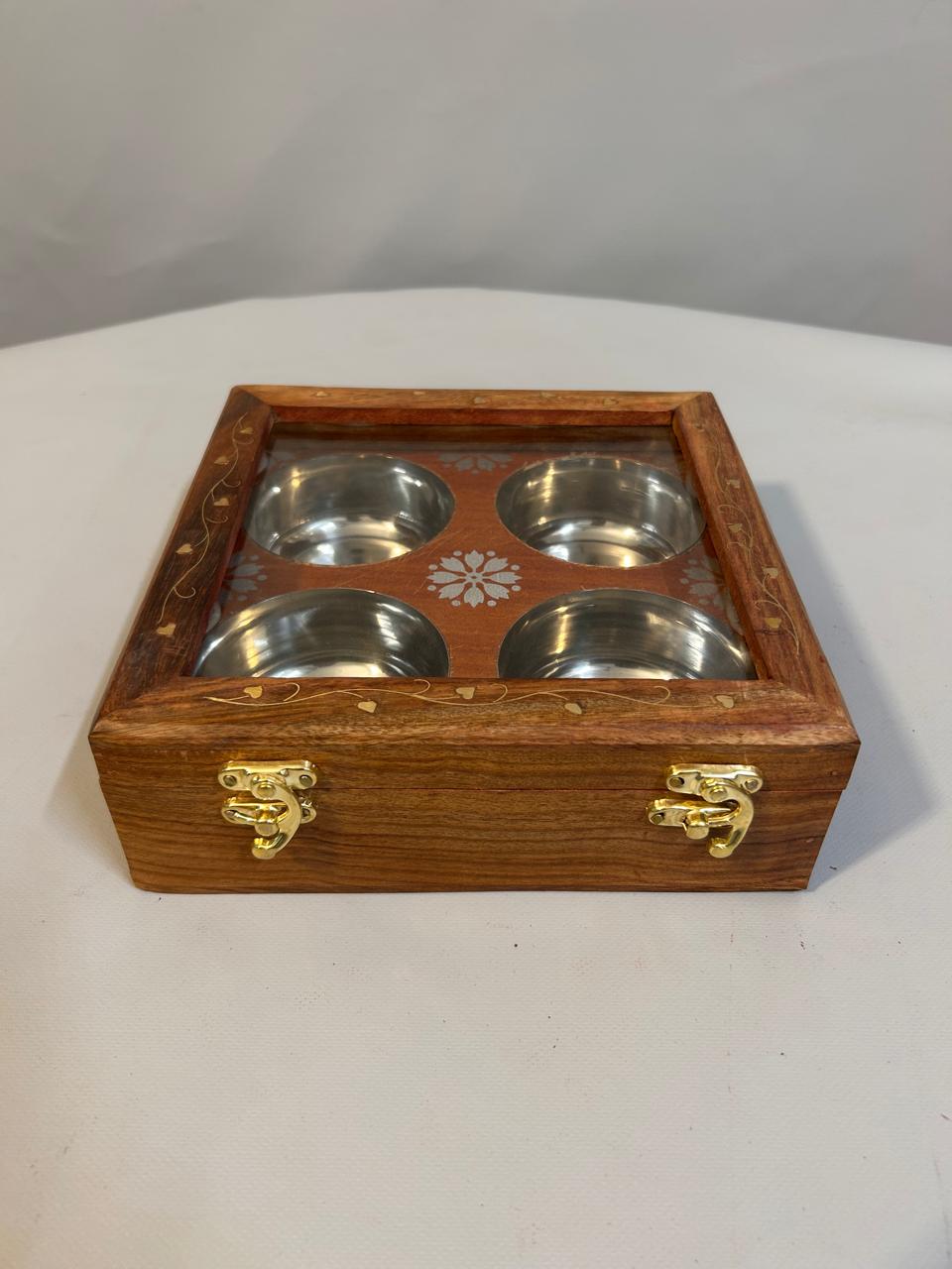 Handcrafted Wooden Dry Fruits Box with Brass Inlay, Glass Lid & 4 Steel Compartments, Decorative Storage Box for Nuts, Sweets Spices