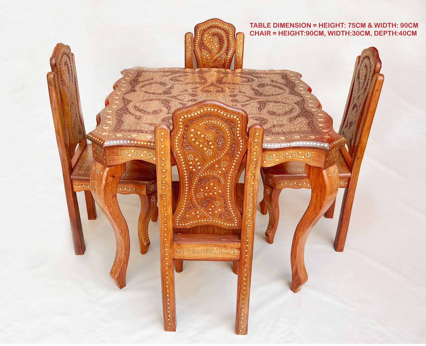 Handgefertigtes Esstisch-Set mit Messingschnitzerei, 1 Tisch und 4 Stühle, Made in India, Möbel von Moonwalk Handicrafts, Palisanderholz, Sheesham