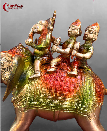 Brass Multi color Ganesha Elephant Yatra Statue with Ridhi Sidhi & Mushak, Code: ARP106