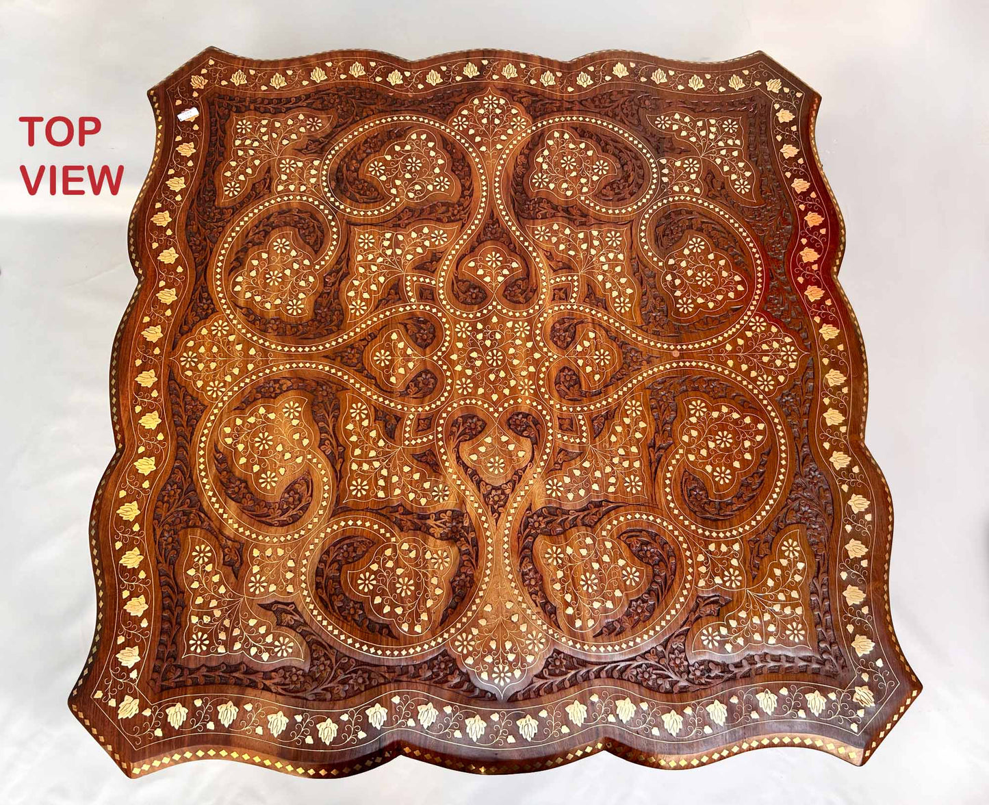 Handgefertigtes Esstisch-Set mit Messingschnitzerei, 1 Tisch und 4 Stühle, Made in India, Möbel von Moonwalk Handicrafts, Palisanderholz, Sheesham