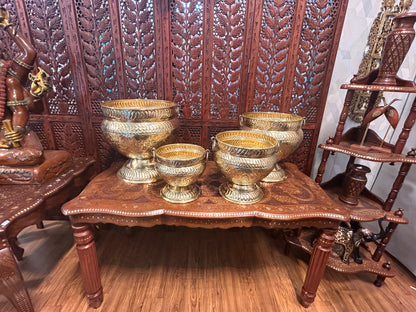 SET OF 4 | Antique Brass Urn Planters | Ornate Hand Engraved Brass Pots | Large Indoor Outdoor Planters | Vintage Home Decor | Handmade Brass Flower Pots