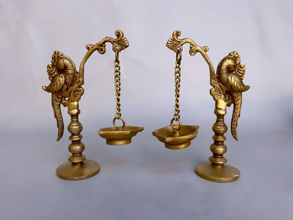 Brass Hanging Parrot Diya Oil Lamp – Traditional Pooja Deepam for Temple & Home – Pair of 2, 20cm Tall, Exquisite Handcrafted Decor