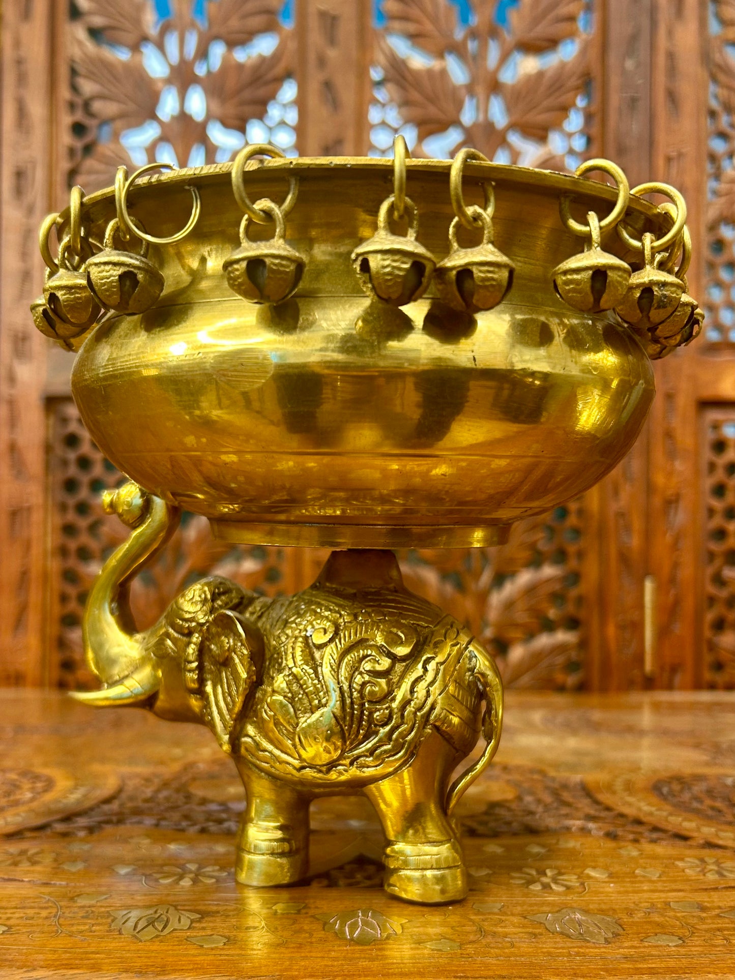Antique Brass Urli with Elephant Stand & Bells, Handmade Indian Decor, Luxury Pooja Bowl, Festive Centerpiece, Housewarming Gift, Mandir Decor