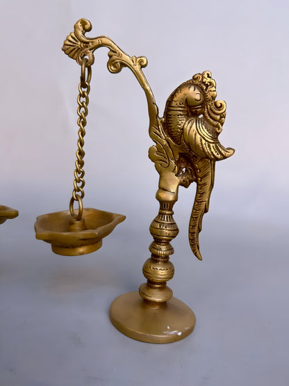 Brass Hanging Parrot Diya Oil Lamp – Traditional Pooja Deepam for Temple & Home – Pair of 2, 20cm Tall, Exquisite Handcrafted Decor