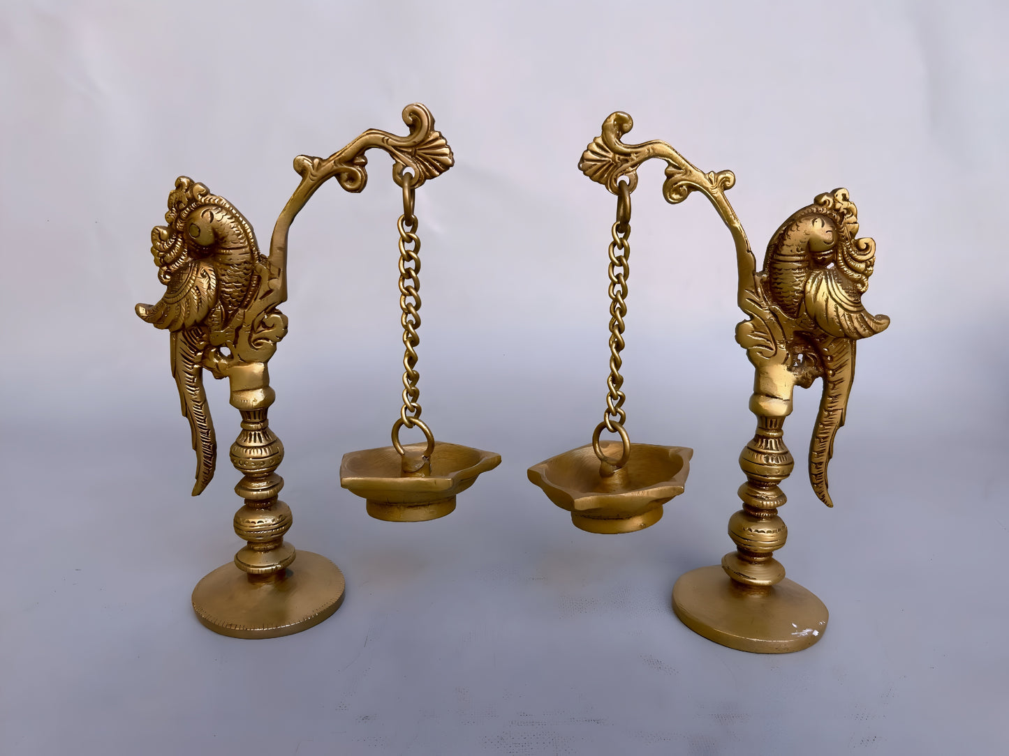 Brass Hanging Parrot Diya Oil Lamp – Traditional Pooja Deepam for Temple & Home – Pair of 2, 20cm Tall, Exquisite Handcrafted Decor