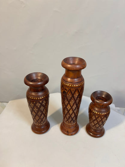 Handcrafted Wooden Vase Set with Brass Inlay, Decorative Carved Flower Vase, Indian Wood Art, Traditional Home Décor, Rustic Boho Table Vase