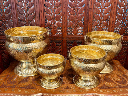 SET OF 4 | Antique Brass Urn Planters | Ornate Hand Engraved Brass Pots | Large Indoor Outdoor Planters | Vintage Home Decor | Handmade Brass Flower Pots