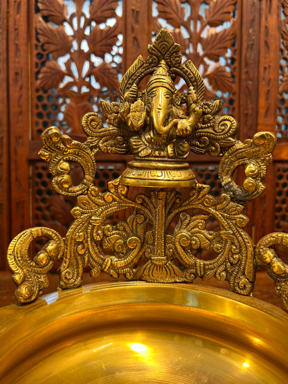 Exquisite brass Ganesha urli bowl with intricate carvings, ideal for home decor, pooja, festivals, or gifting, adding elegance and divine