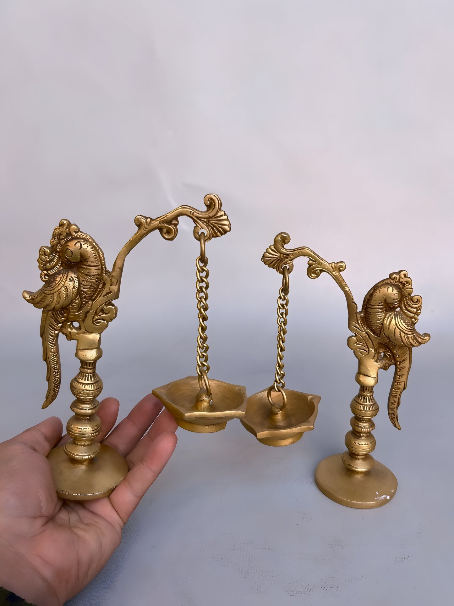 Brass Hanging Parrot Diya Oil Lamp – Traditional Pooja Deepam for Temple & Home – Pair of 2, 20cm Tall, Exquisite Handcrafted Decor