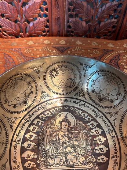 SH21 | weight 1.210kg, Height 10cm x width 23cm Handmade Carving Singing Bowl. Tibetan Sound Bowl Meditation, | Includes Mallet Cushion