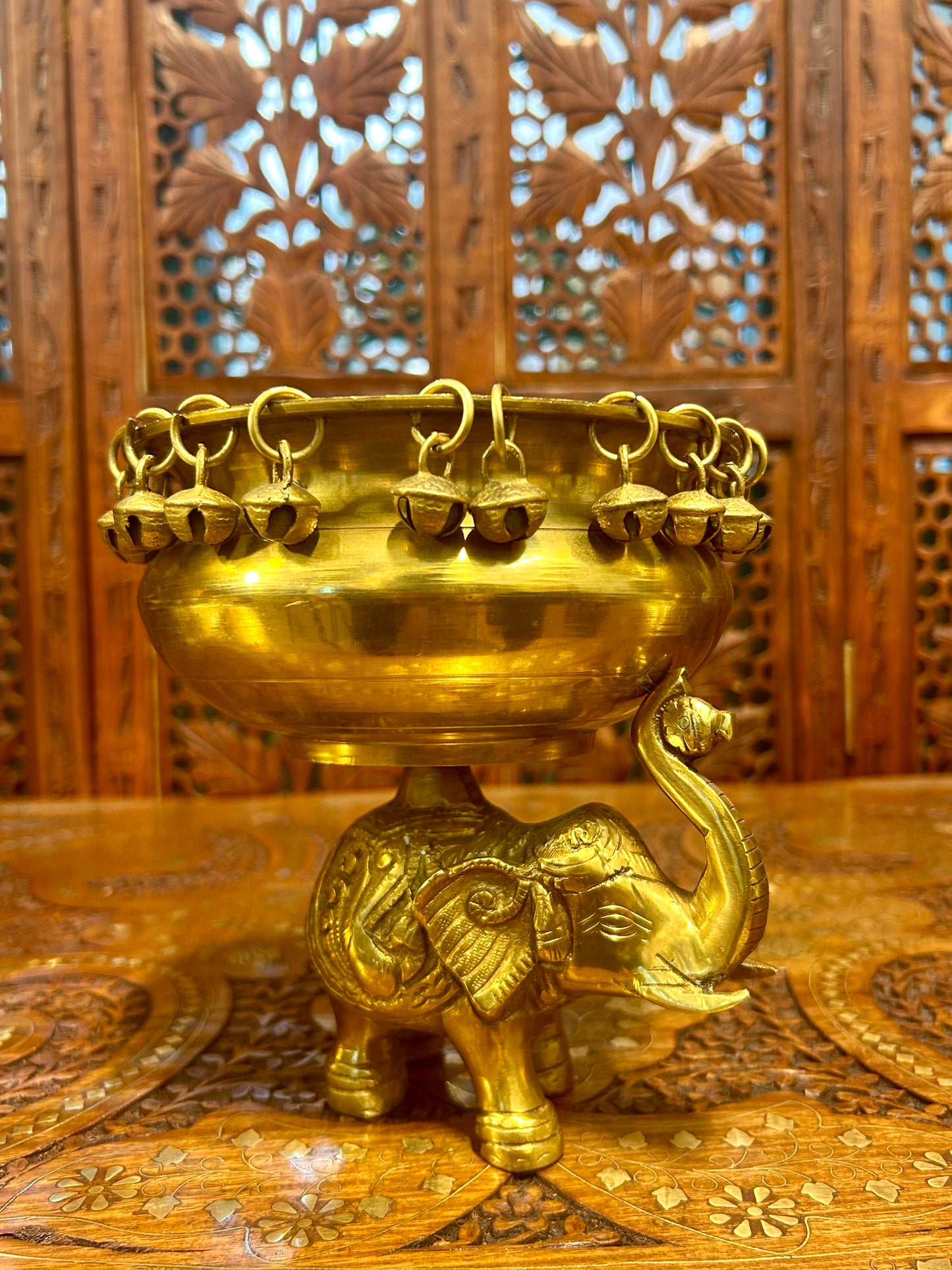 Antique Brass Urli with Elephant Stand & Bells, Handmade Indian Decor, Luxury Pooja Bowl, Festive Centerpiece, Housewarming Gift, Mandir Decor