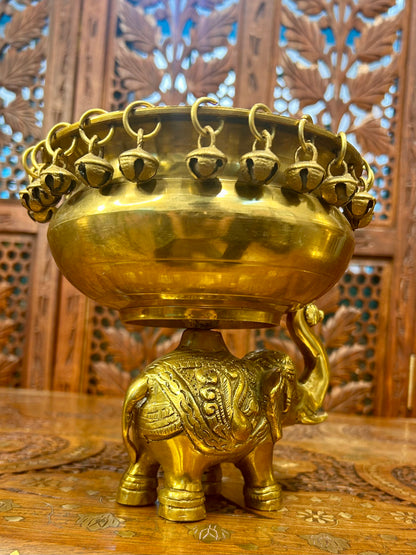 Antique Brass Urli with Elephant Stand & Bells, Handmade Indian Decor, Luxury Pooja Bowl, Festive Centerpiece, Housewarming Gift, Mandir Decor