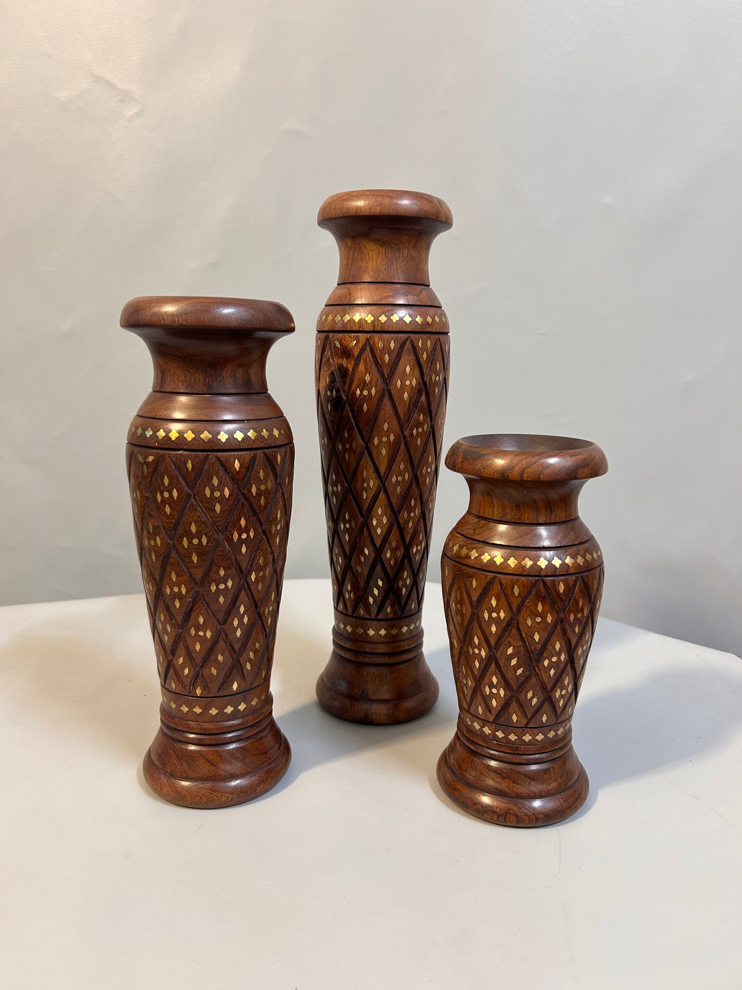 Handcrafted Wooden Vase Set with Brass Inlay, Decorative Carved Flower Vase, Indian Wood Art, Traditional Home Décor, Rustic Boho Table Vase