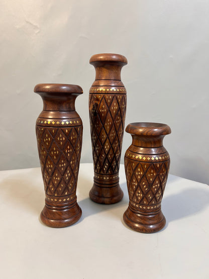Handcrafted Wooden Vase Set with Brass Inlay, Decorative Carved Flower Vase, Indian Wood Art, Traditional Home Décor, Rustic Boho Table Vase