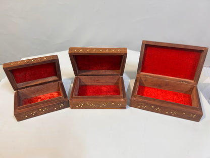 set of 3 Wooden Jewelry Box with Brass Inlay & Floral Carving, Indian Keepsake Trinket Storage Box, Vintage Decorative Organizer