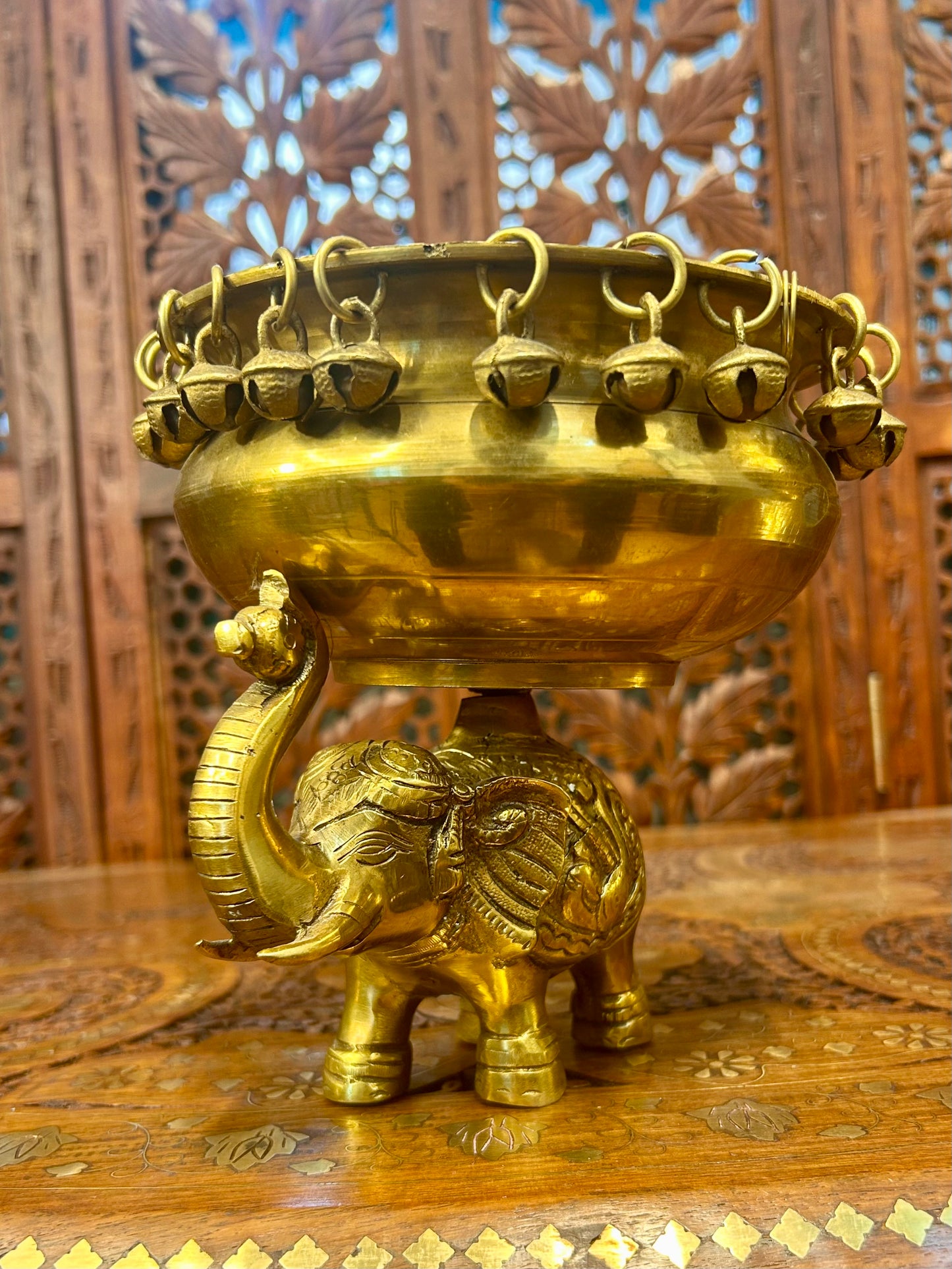 Antique Brass Urli with Elephant Stand & Bells, Handmade Indian Decor, Luxury Pooja Bowl, Festive Centerpiece, Housewarming Gift, Mandir Decor