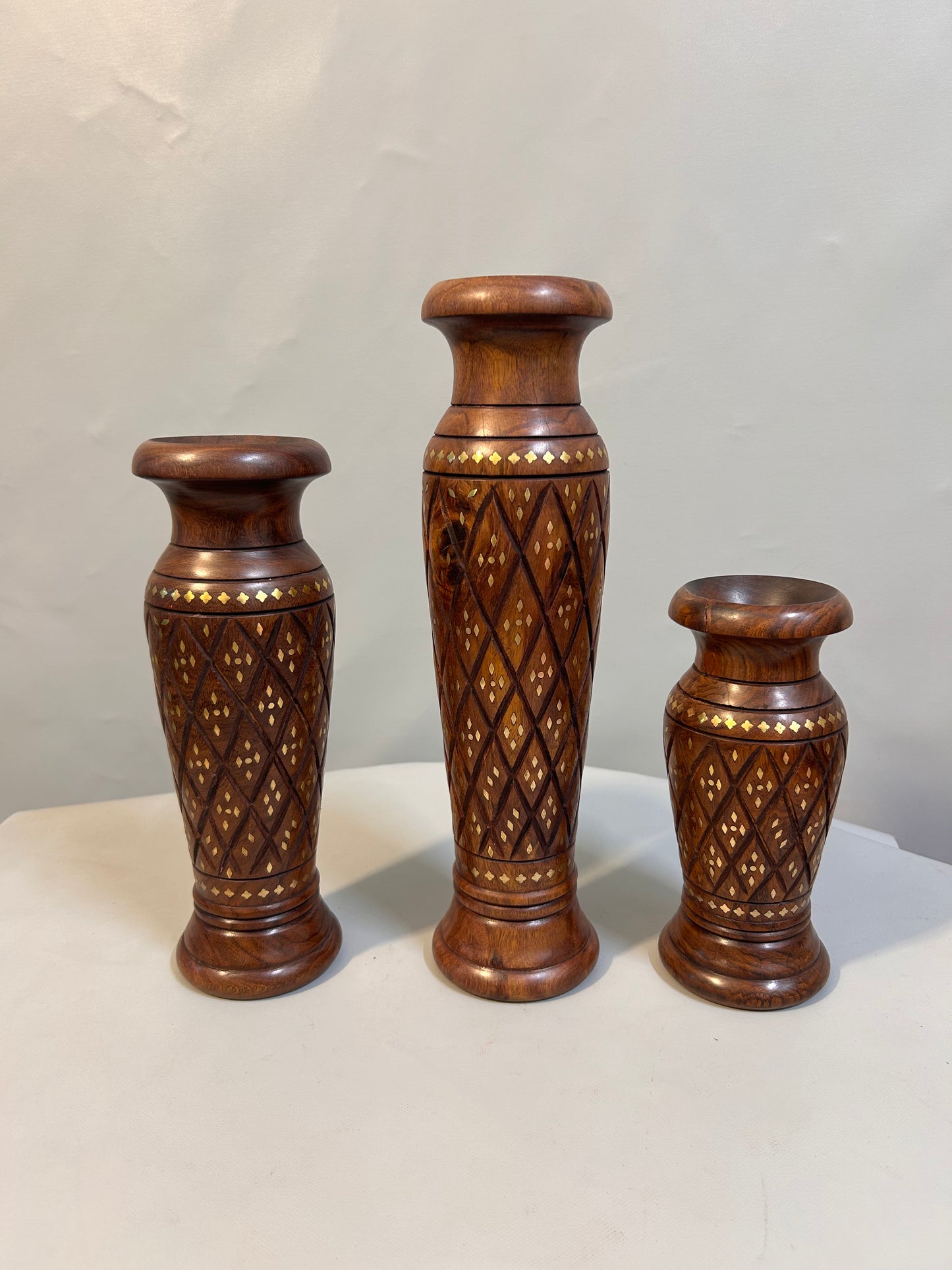 Handcrafted Wooden Vase Set with Brass Inlay, Decorative Carved Flower Vase, Indian Wood Art, Traditional Home Décor, Rustic Boho Table Vase