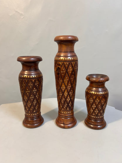 Handcrafted Wooden Vase Set with Brass Inlay, Decorative Carved Flower Vase, Indian Wood Art, Traditional Home Décor, Rustic Boho Table Vase