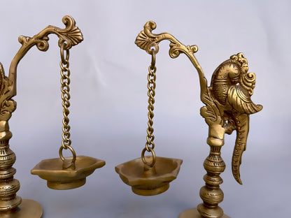 Brass Hanging Parrot Diya Oil Lamp – Traditional Pooja Deepam for Temple & Home – Pair of 2, 20cm Tall, Exquisite Handcrafted Decor