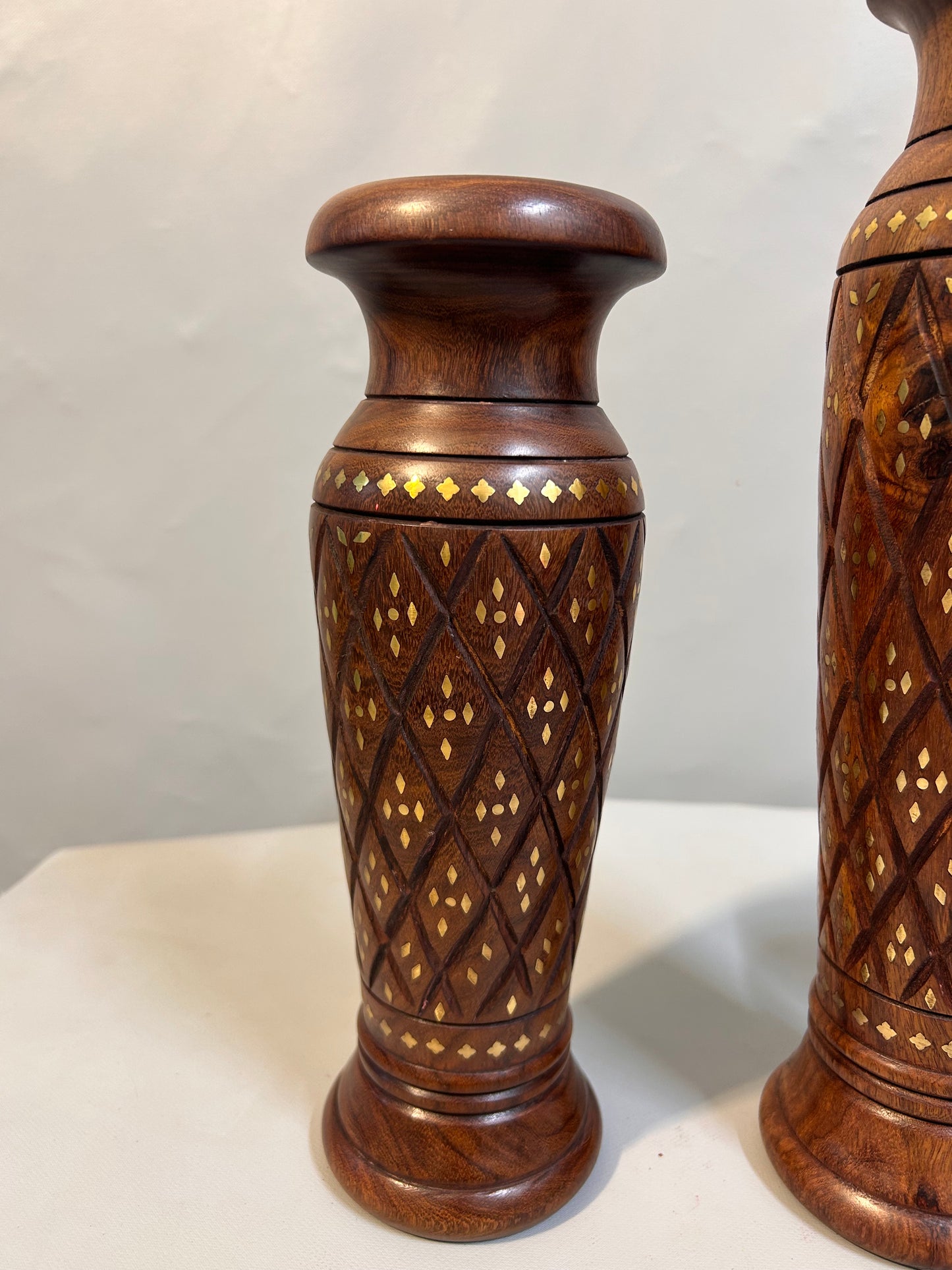 Handcrafted Wooden Vase Set with Brass Inlay, Decorative Carved Flower Vase, Indian Wood Art, Traditional Home Décor, Rustic Boho Table Vase